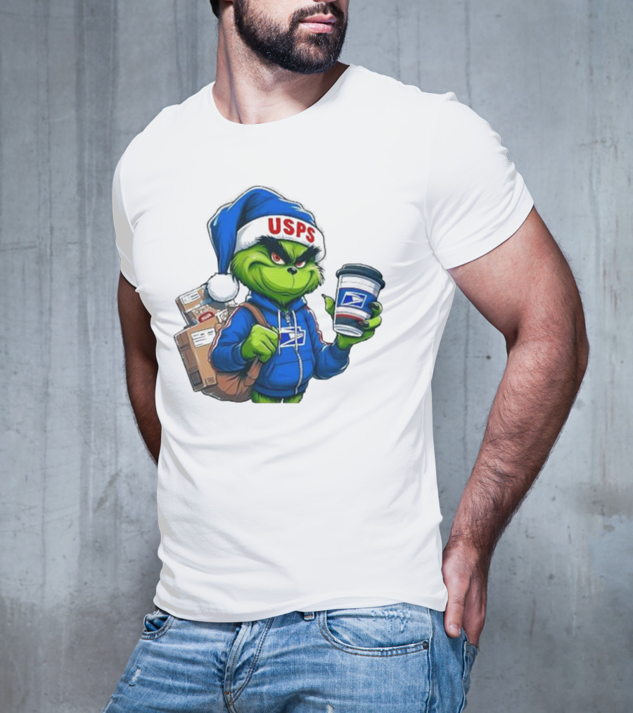 USPS Grinch Merry Christmas Delivery With Packages And Coffee T-Shirt