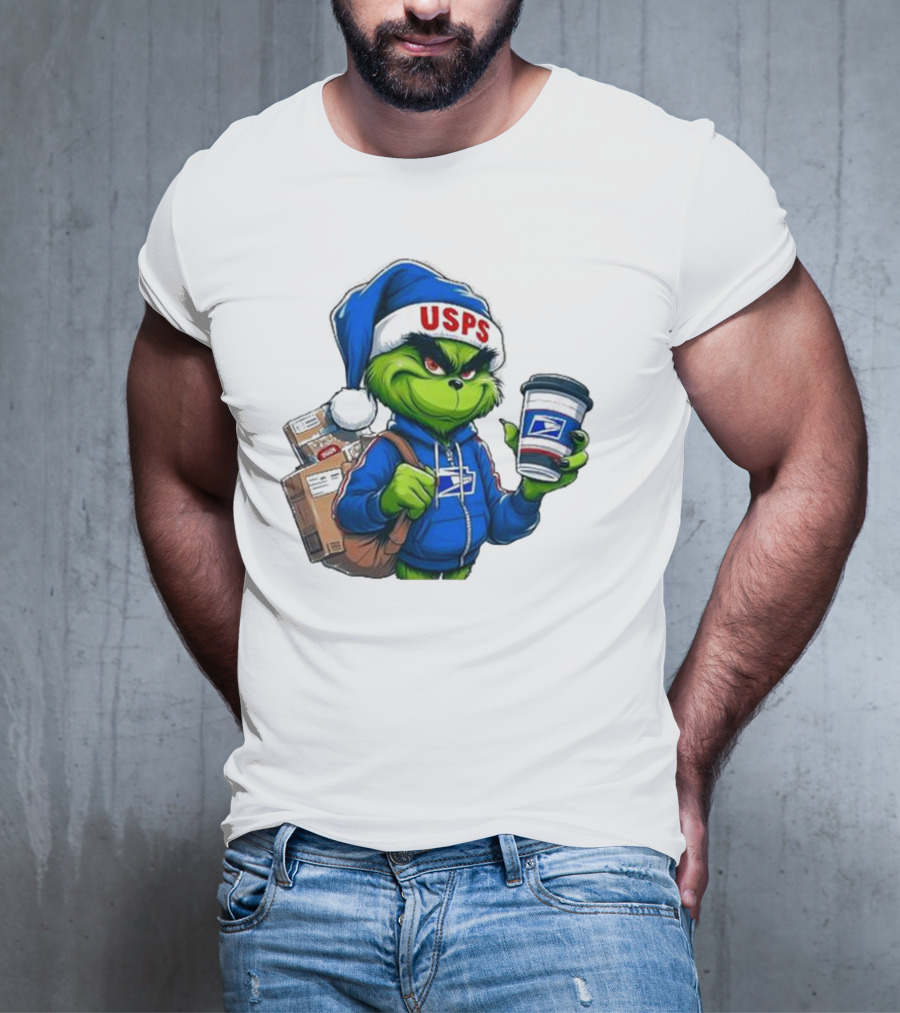 USPS Grinch Merry Christmas Delivery With Packages And Coffee T-Shirt