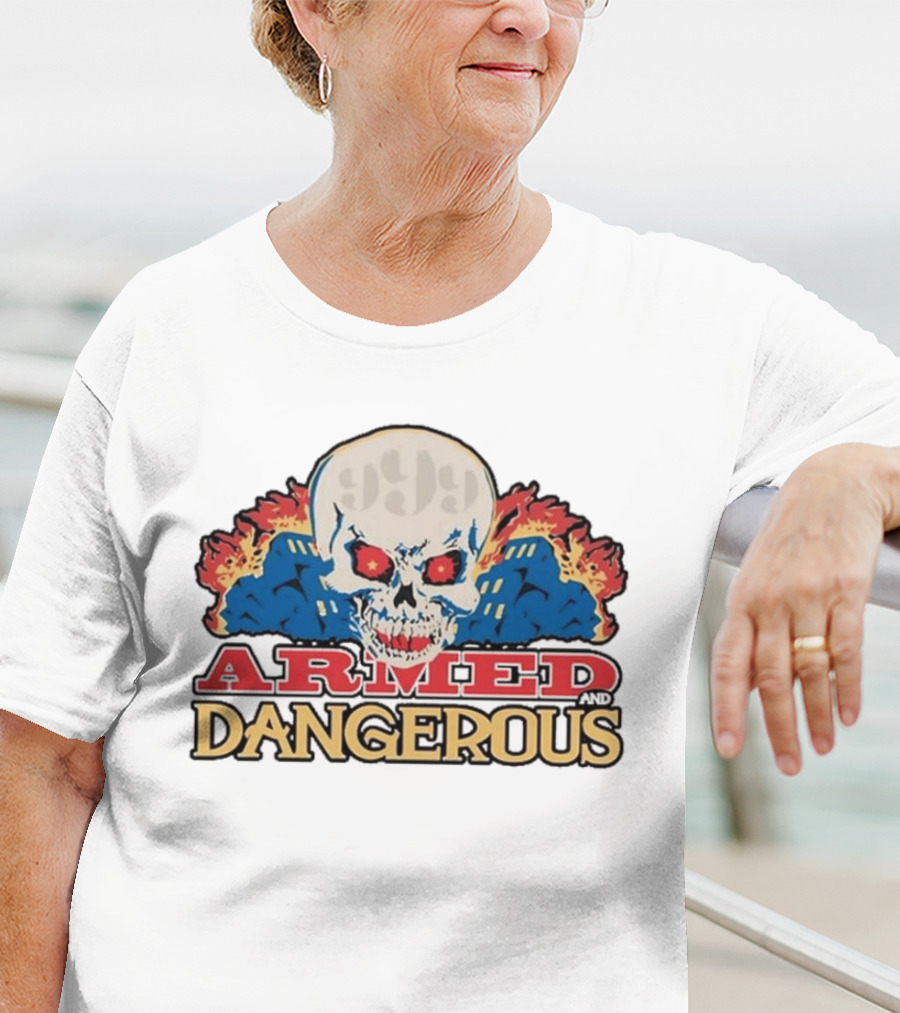 999 Club Armed And Dangerous Skull With Red Eyes And Flames T-Shirt