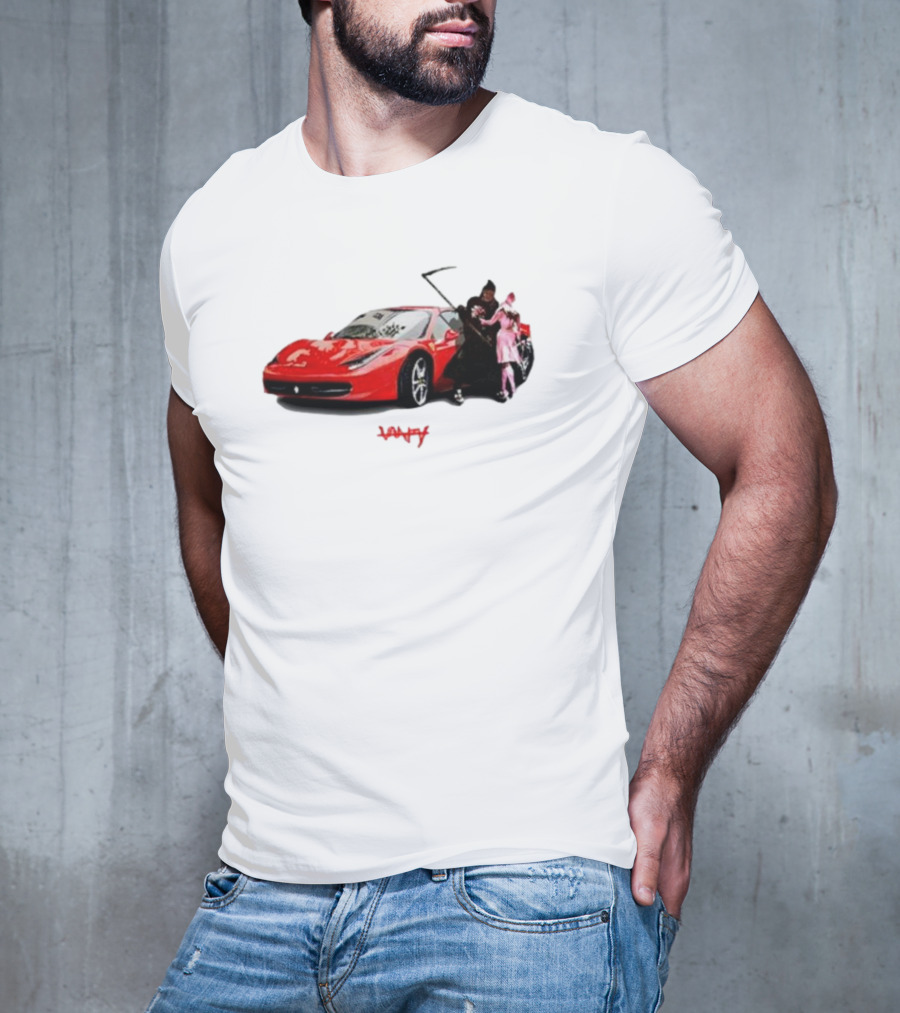 Club Scared Of Love Red Sports Car And Grim Reaper With Pink Figure T-Shirt