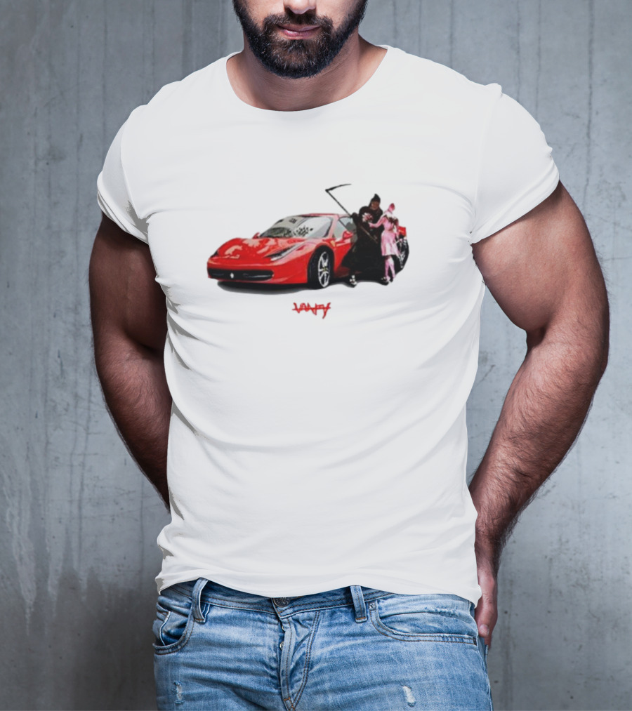 Club Scared Of Love Red Sports Car And Grim Reaper With Pink Figure T-Shirt