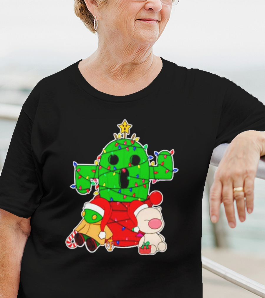 Christmas Moogle Cactuar Wrapped In Lights Star Topped Festive Scene T-Shirt