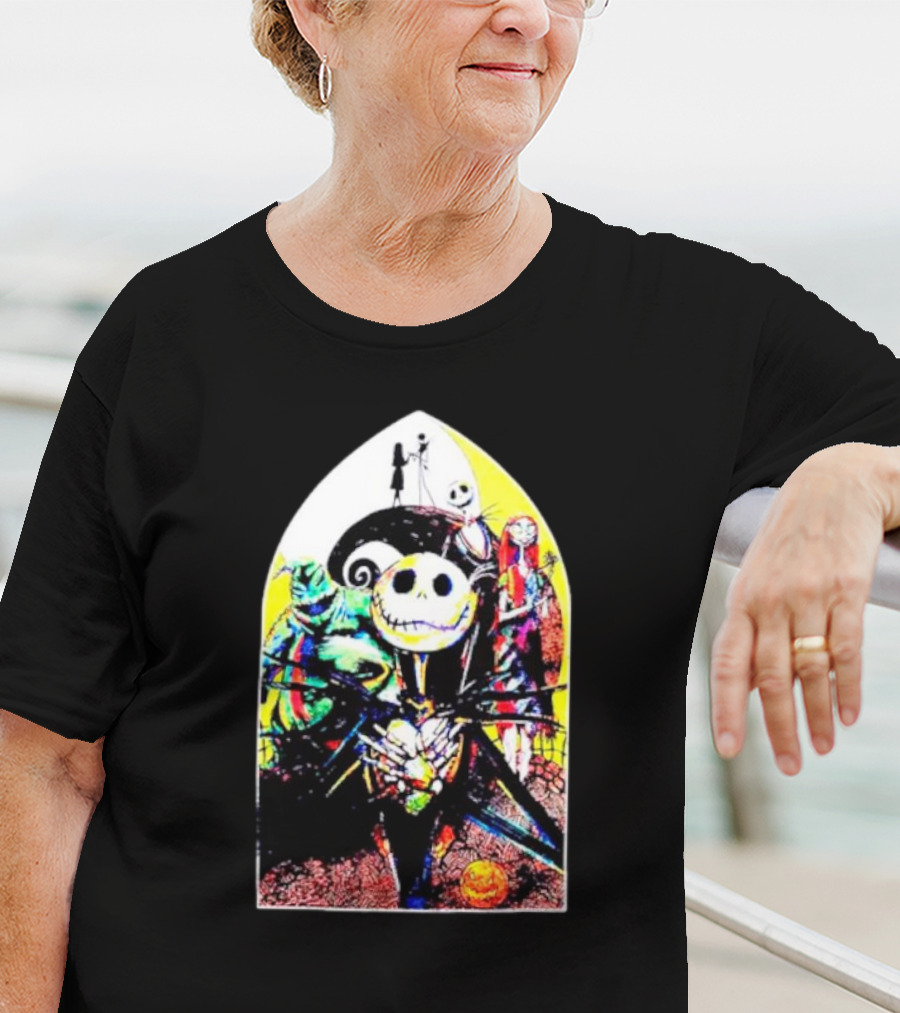 Jack Skellington And Friends Stained Glass Style Scene From The Nightmare Before Christmas T-Shirt