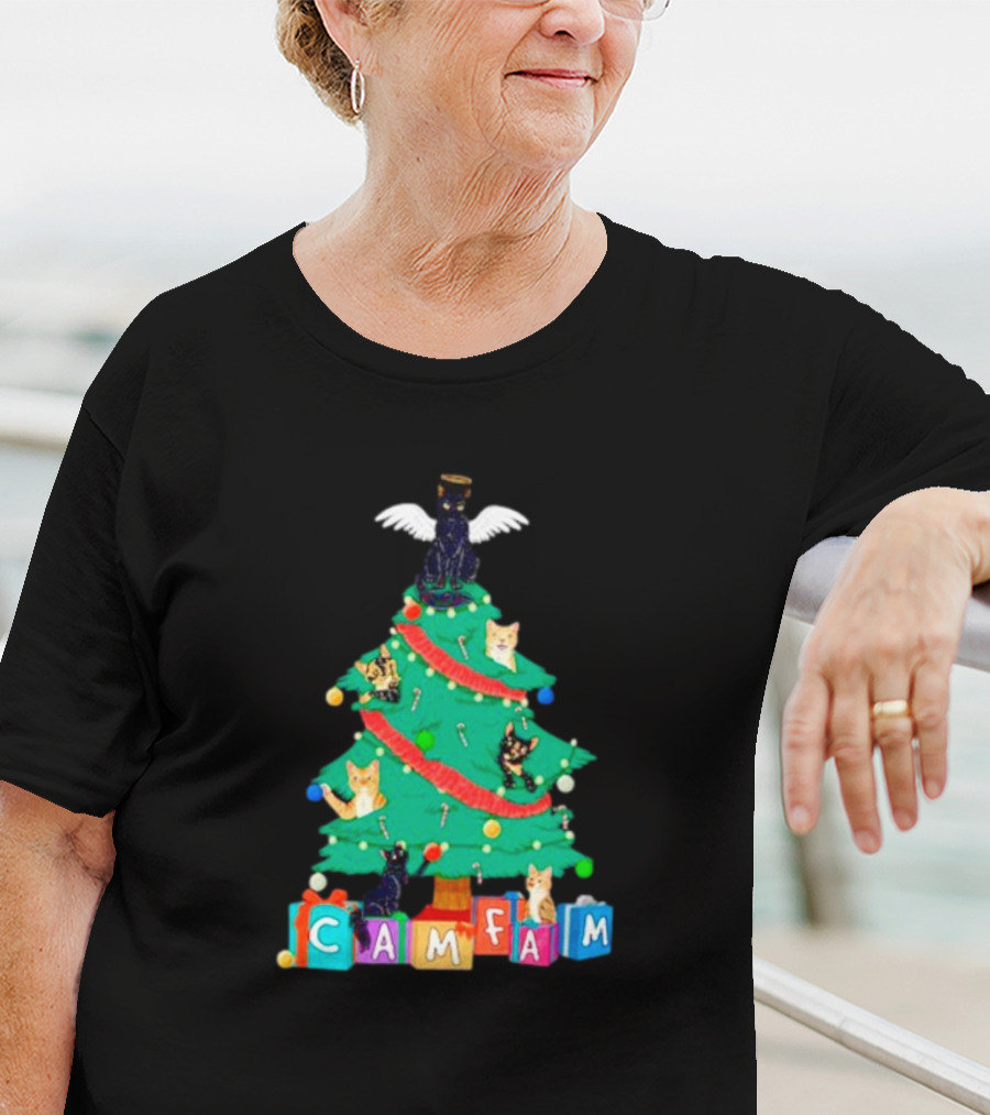 Cam Fam Christmas Tree With Cats And Holiday Blocks T-Shirt