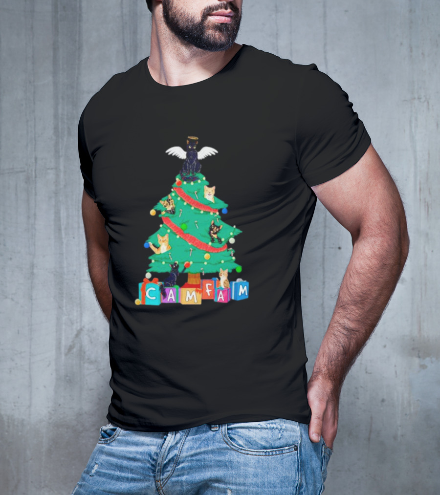 Cam Fam Christmas Tree With Cats And Holiday Blocks T-Shirt