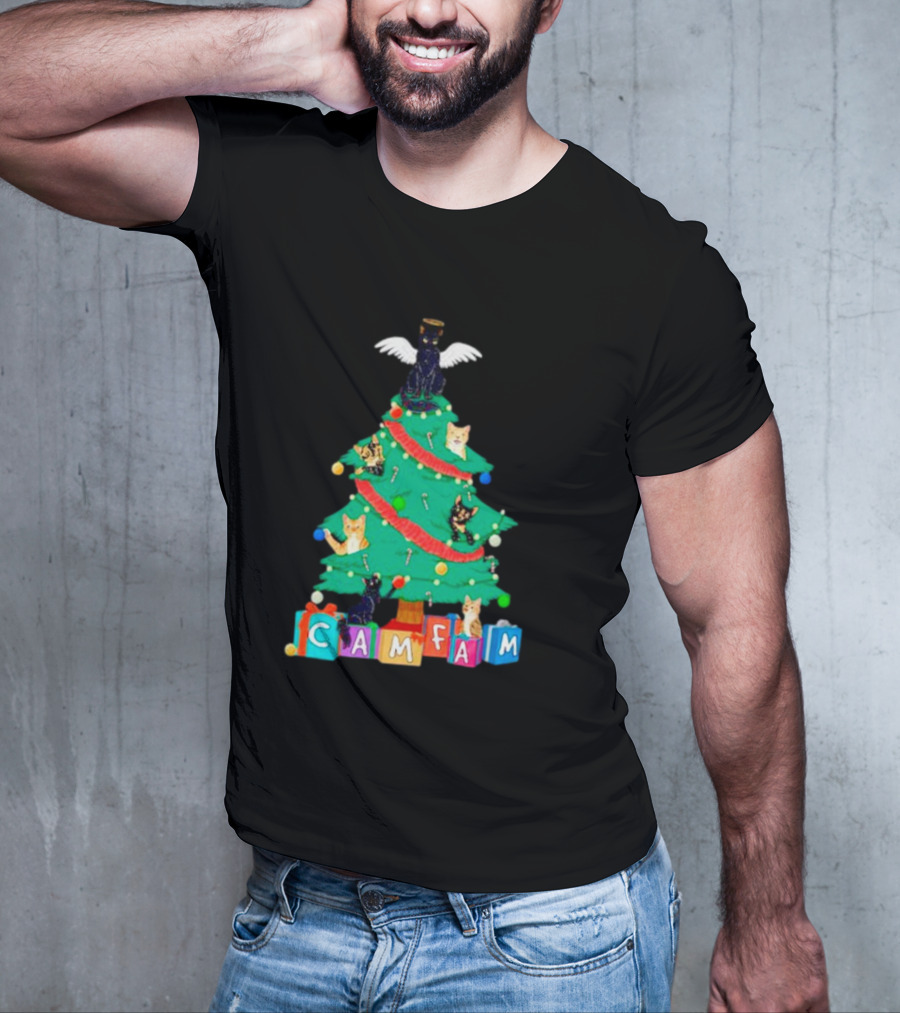 Cam Fam Christmas Tree With Cats And Holiday Blocks T-Shirt