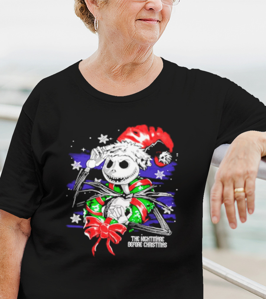 The Nightmare Before Christmas Jack Skellington In Santa Hat And Grinch Green Scarf T-Shirt