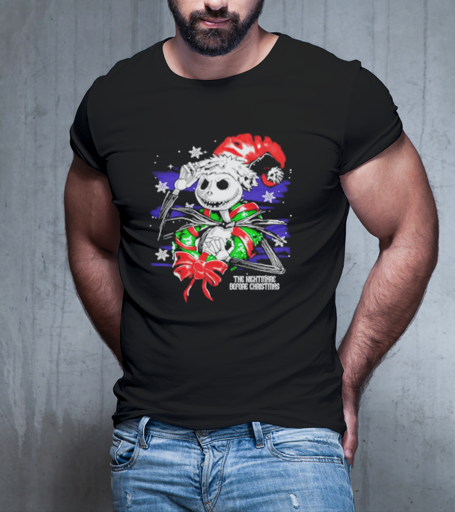 The Nightmare Before Christmas Jack Skellington In Santa Hat And Grinch Green Scarf T-Shirt
