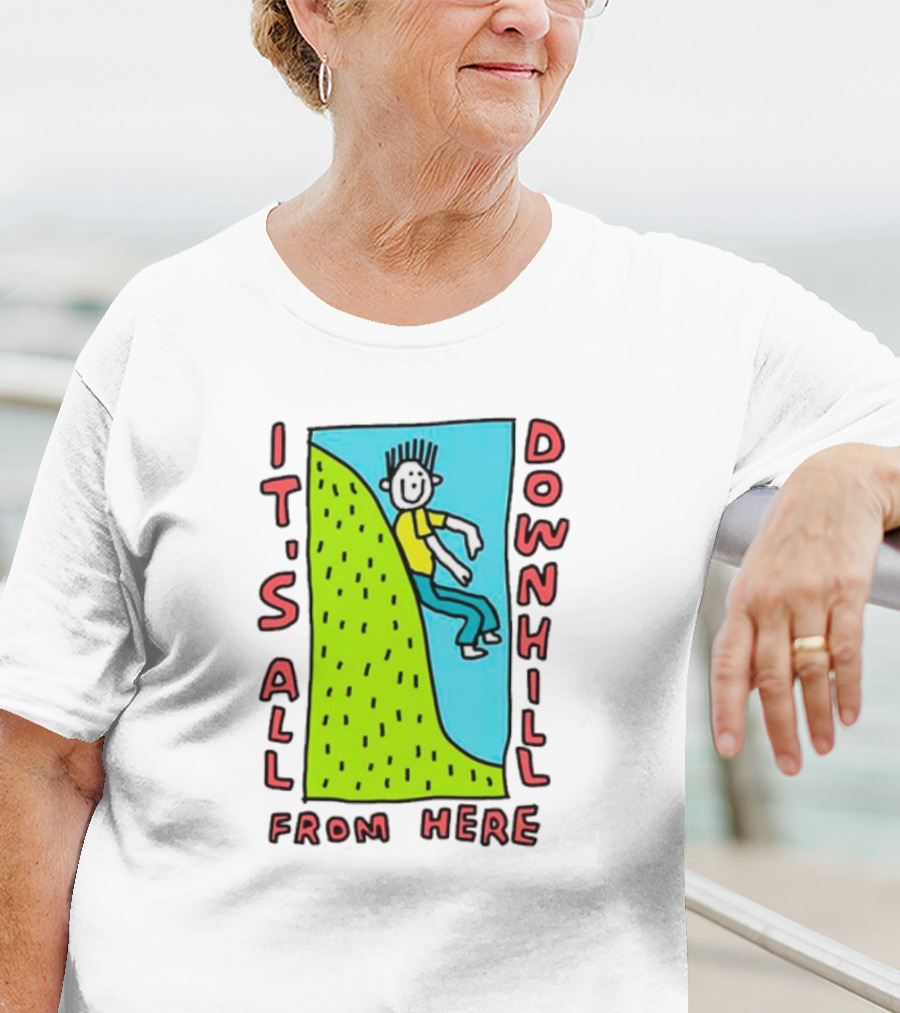 IT'S ALL DOWNHILL FROM HERE Cartoon Character Sliding Down Green Hill T-Shirt