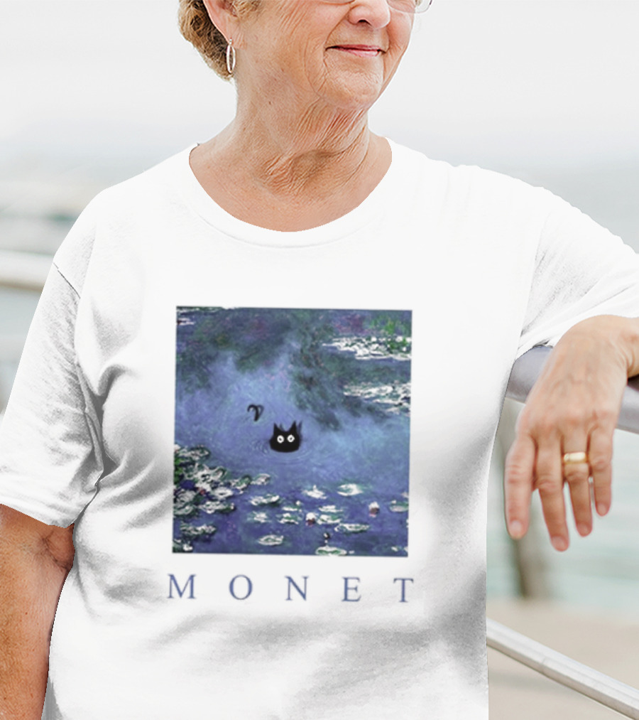 Monet Waterlily Black Cat In Pond With Monet Text T-Shirt
