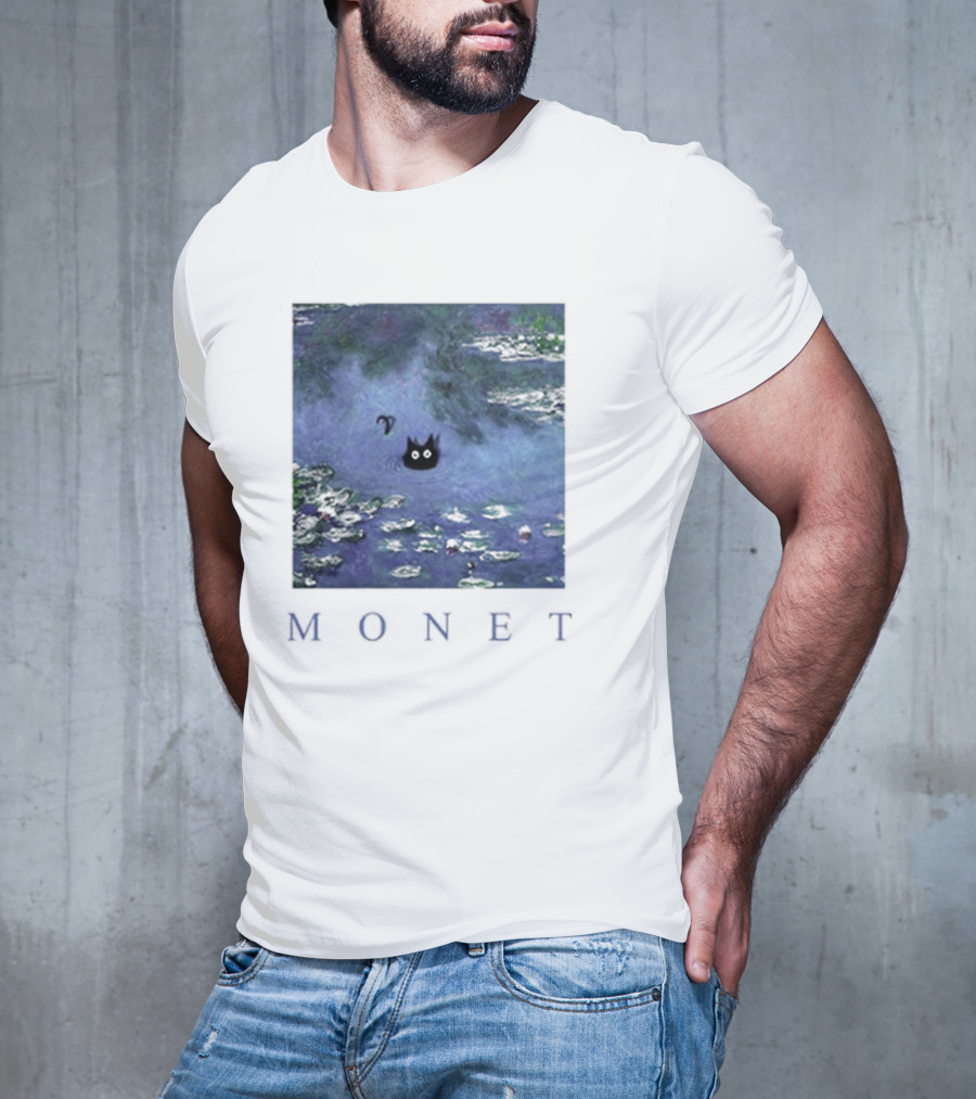 Monet Waterlily Black Cat In Pond With Monet Text T-Shirt