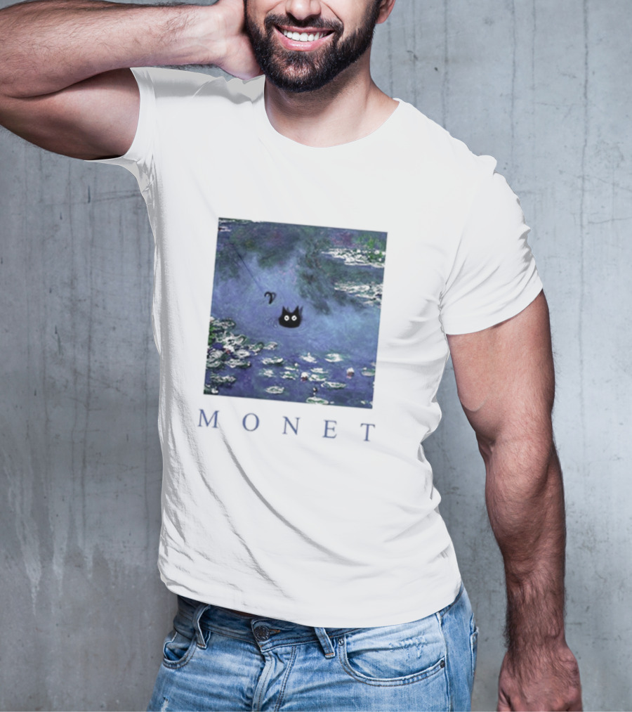 Monet Waterlily Black Cat In Pond With Monet Text T-Shirt