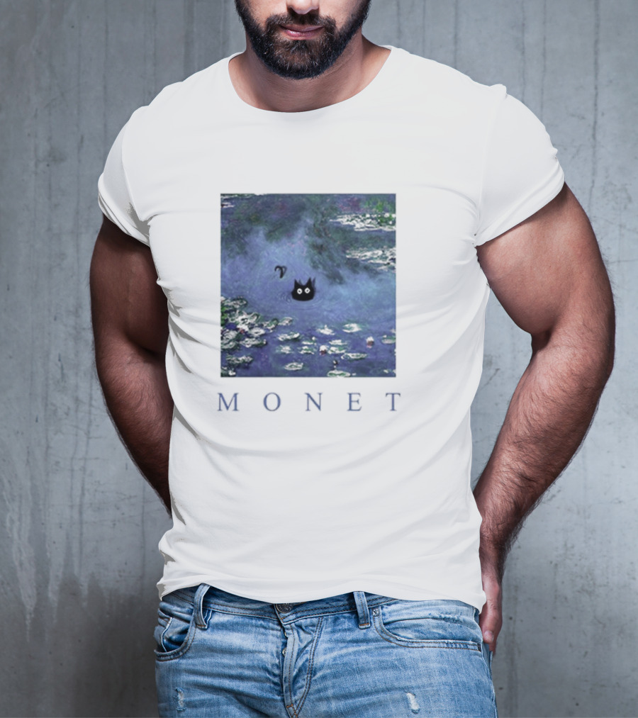 Monet Waterlily Black Cat In Pond With Monet Text T-Shirt
