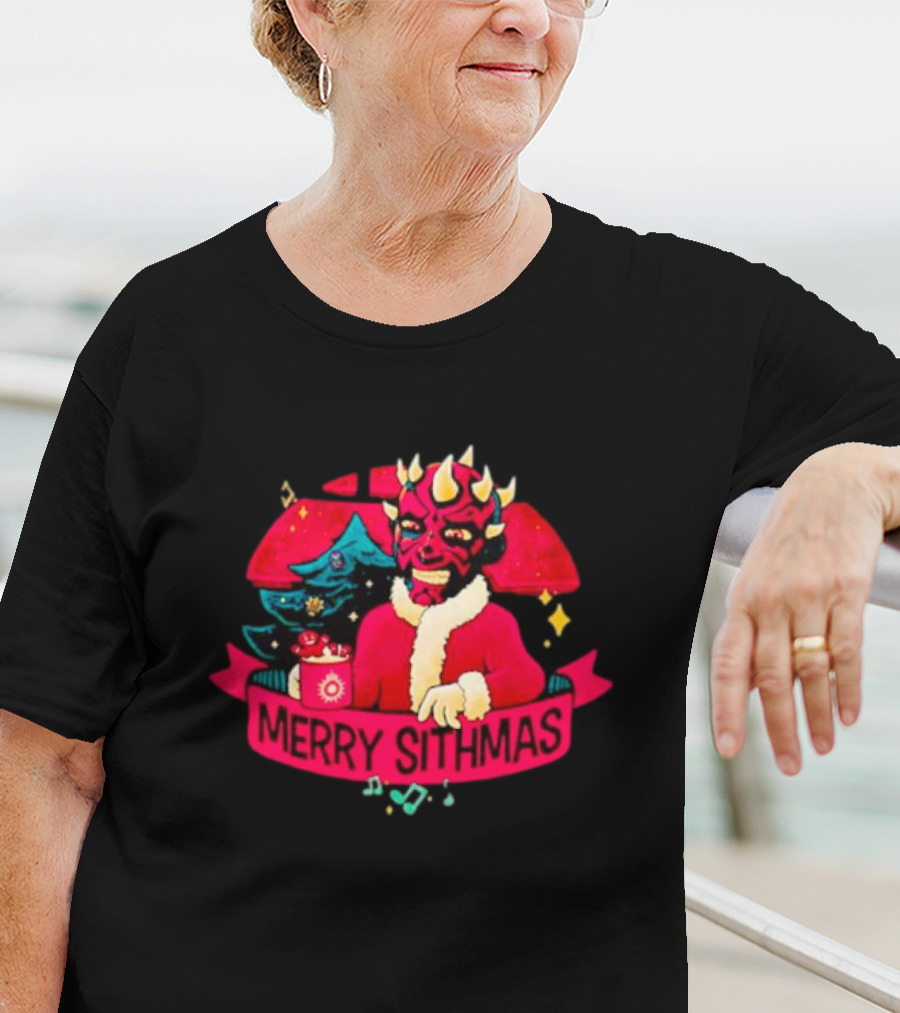 Star Wars Merry Sithmas Featuring Darth Maul In Santa Suit With Christmas Tree And Festive Elements T-Shirt