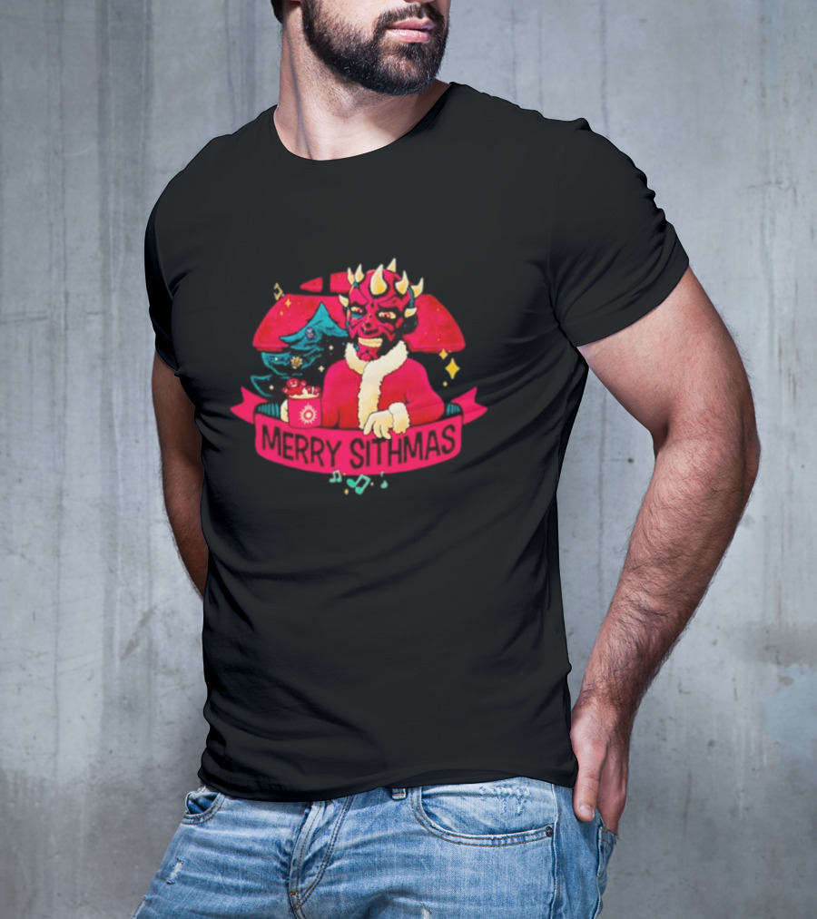 Star Wars Merry Sithmas Featuring Darth Maul In Santa Suit With Christmas Tree And Festive Elements T-Shirt