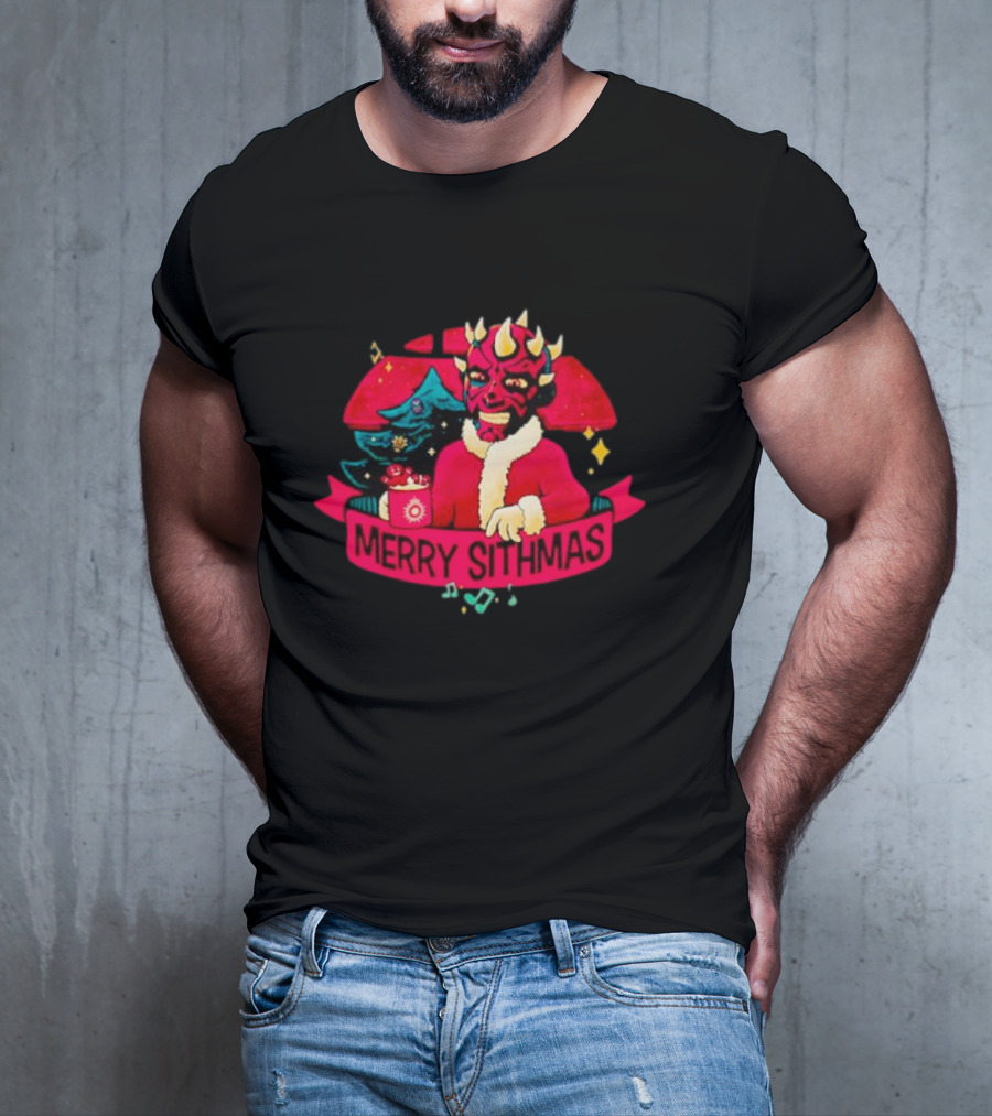 Star Wars Merry Sithmas Featuring Darth Maul In Santa Suit With Christmas Tree And Festive Elements T-Shirt