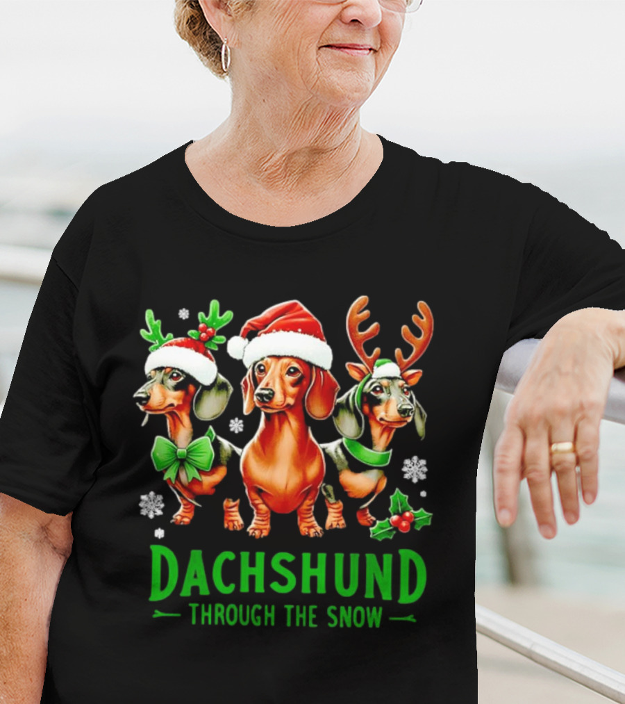 Dachshund Through The Snow Santa Hat Reindeer Antlers Christmas Bow T-Shirt