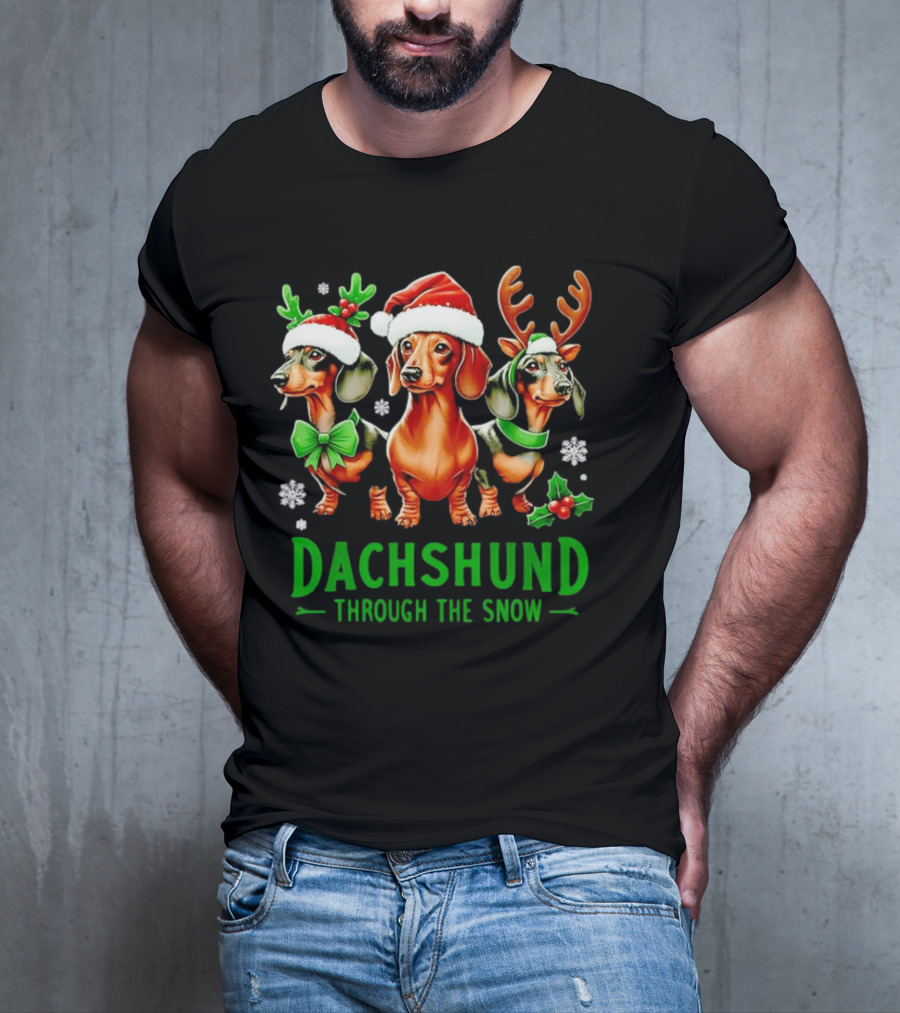 Dachshund Through The Snow Santa Hat Reindeer Antlers Christmas Bow T-Shirt