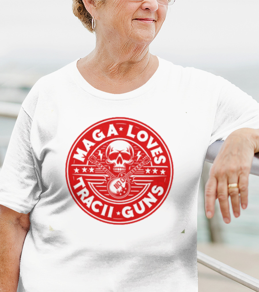 Maga Loves Tracii Guns Skull And Guitar Emblem With Stars And Lightning Bolts T-Shirt