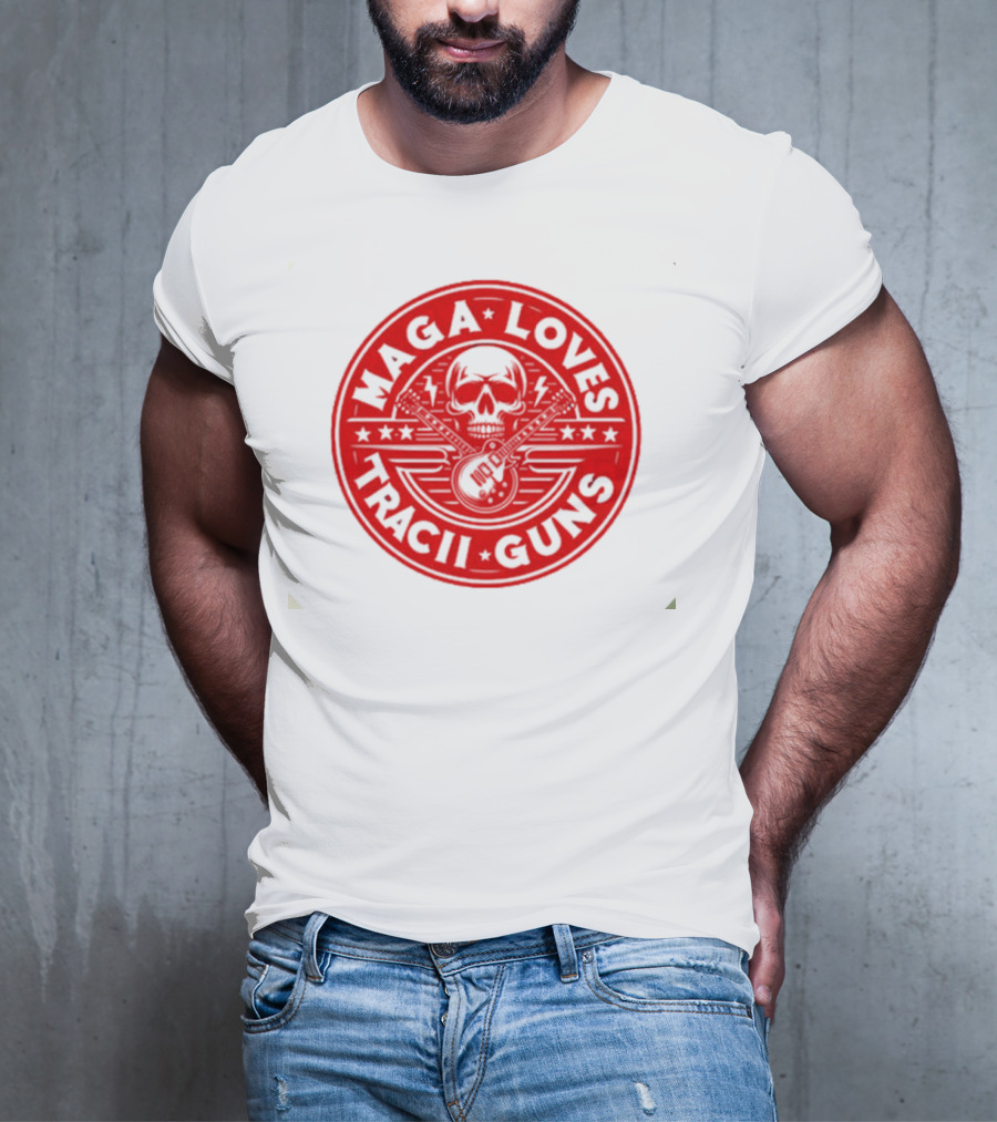 Maga Loves Tracii Guns Skull And Guitar Emblem With Stars And Lightning Bolts T-Shirt