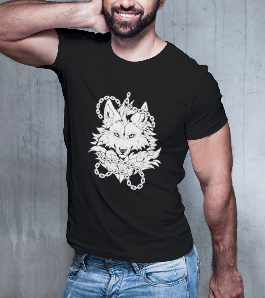 Wolf And Chains Intricate Black White T-Shirt