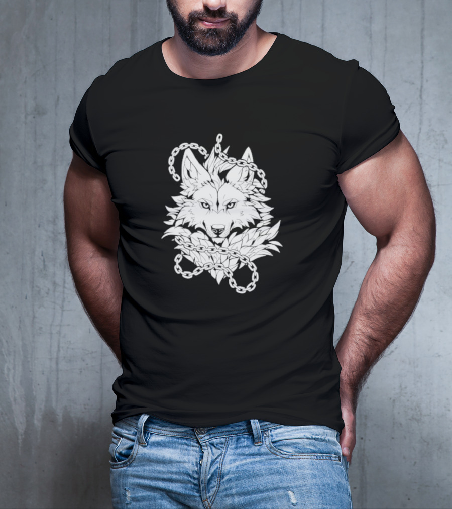 Wolf And Chains Intricate Black White T-Shirt