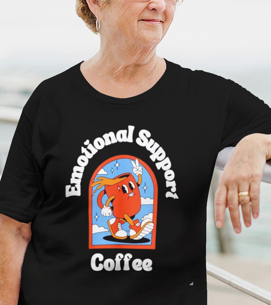 Emotional Support Coffee Cheerful Cartoon Character T-Shirt