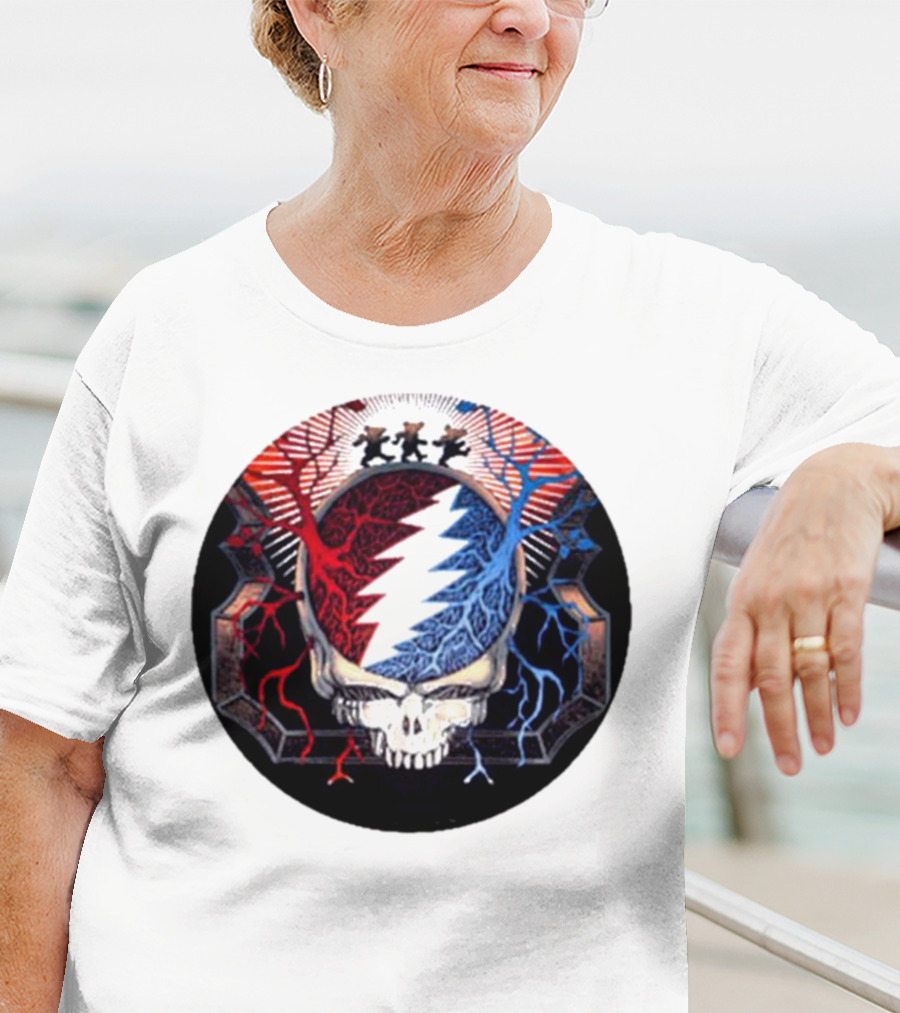 Grateful Dead Skull Bear Red Blue Lightning Bolt Circle T-Shirt