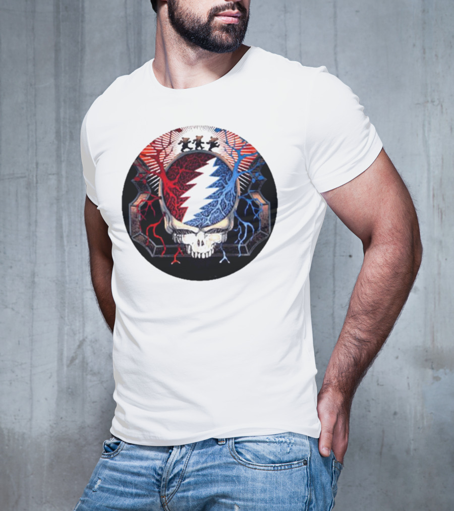 Grateful Dead Skull Bear Red Blue Lightning Bolt Circle T-Shirt