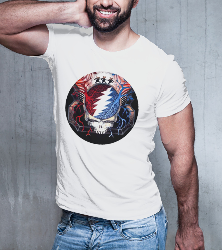 Grateful Dead Skull Bear Red Blue Lightning Bolt Circle T-Shirt