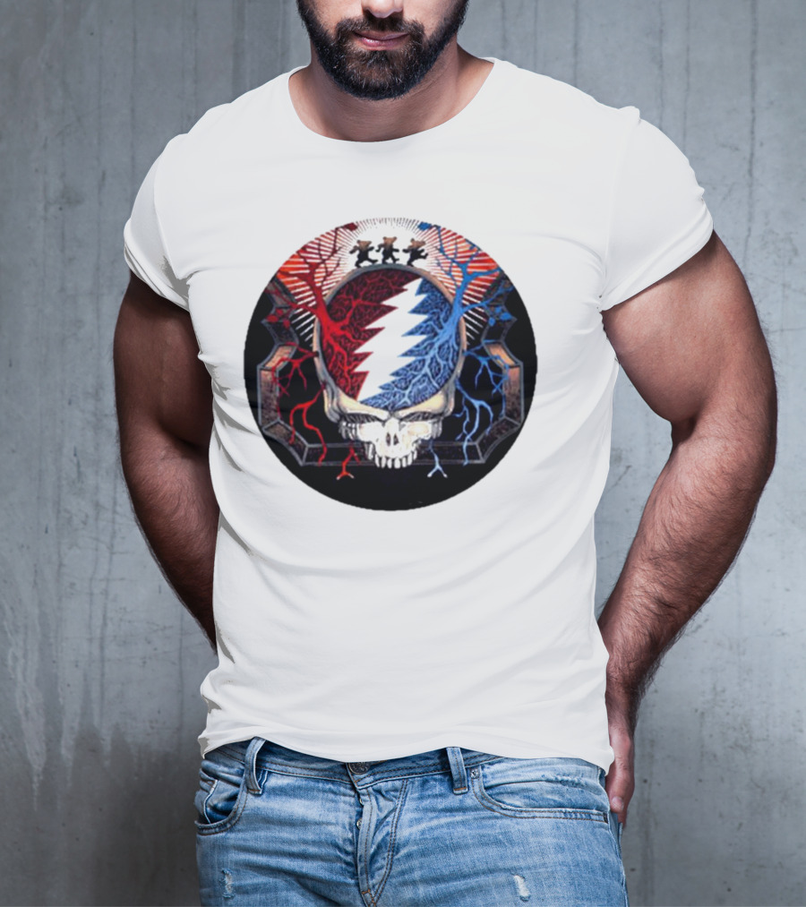 Grateful Dead Skull Bear Red Blue Lightning Bolt Circle T-Shirt
