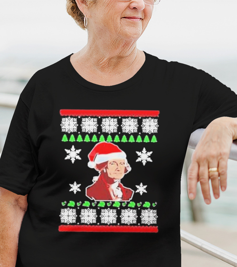 George Washington Santa Hat Christmas Ugly Sweater Style Snowflakes And Trees T-Shirt