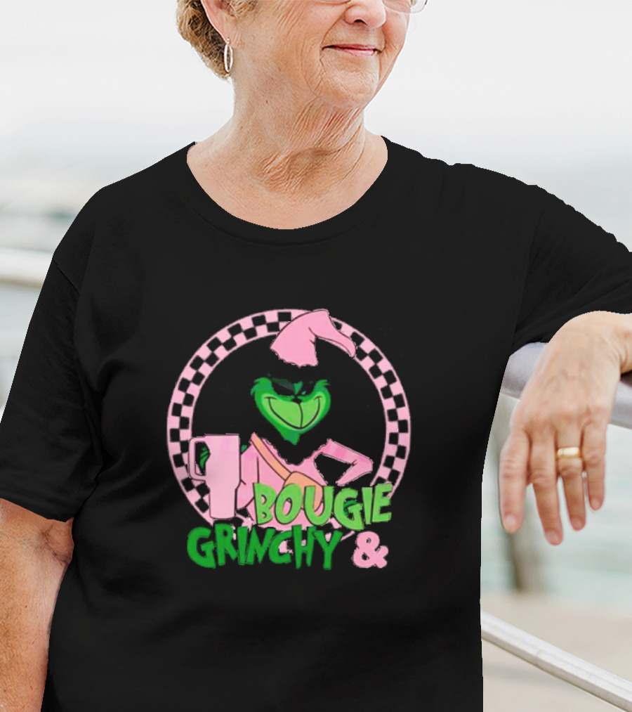 Bougie Grinchy And Pink Character With Checkerboard Circle T-Shirt