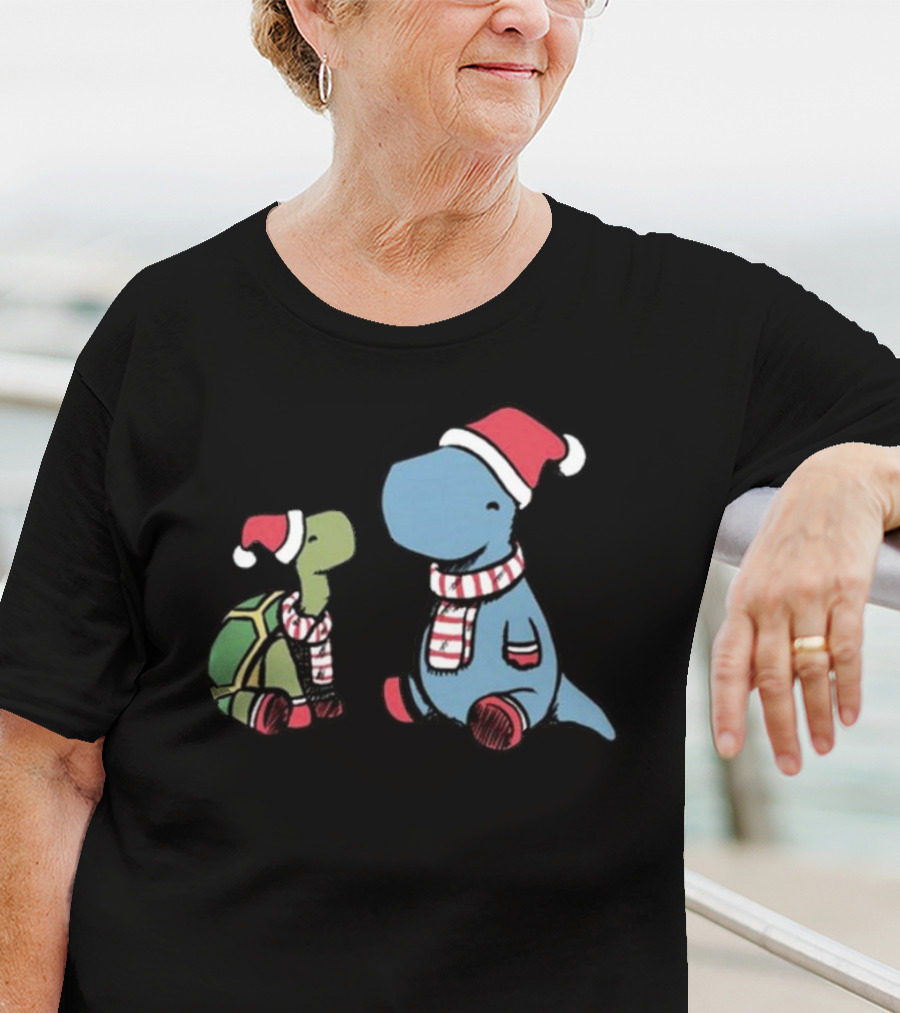 Dinosaur Christmas Tortoise And Dino In Santa Hats And Scarves T-Shirt