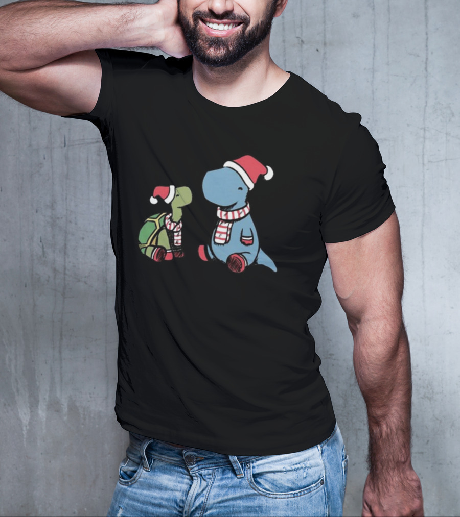 Dinosaur Christmas Tortoise And Dino In Santa Hats And Scarves T-Shirt