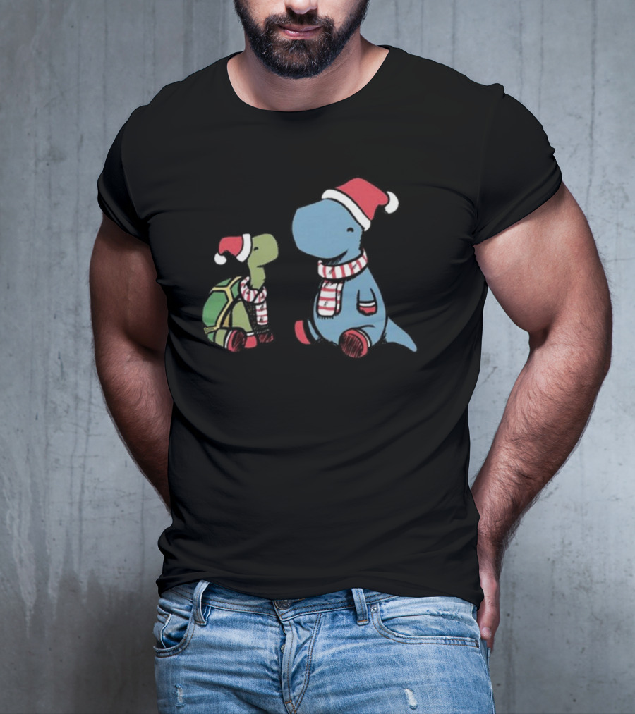 Dinosaur Christmas Tortoise And Dino In Santa Hats And Scarves T-Shirt