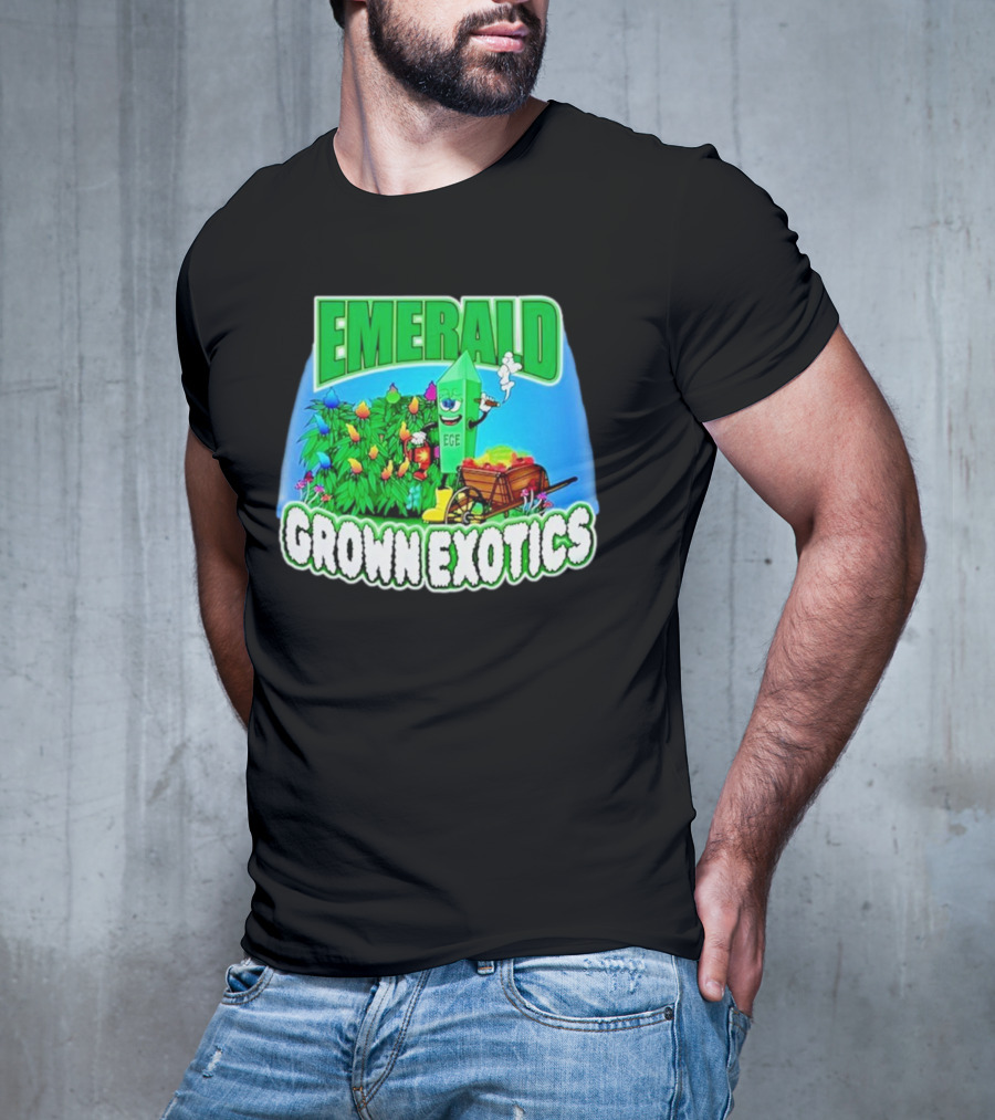Emerald Grown Exotics Colorful Harvest With EGE Mascot And Wagon T-Shirt