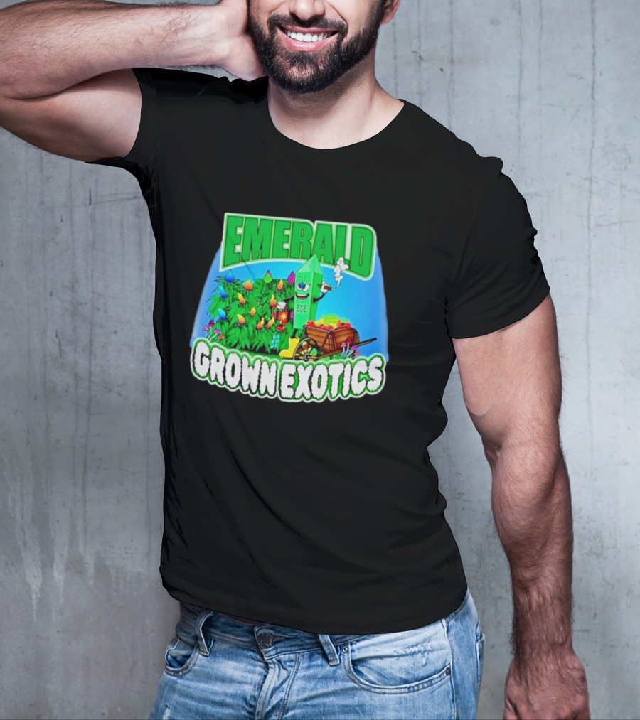 Emerald Grown Exotics Colorful Harvest With EGE Mascot And Wagon T-Shirt