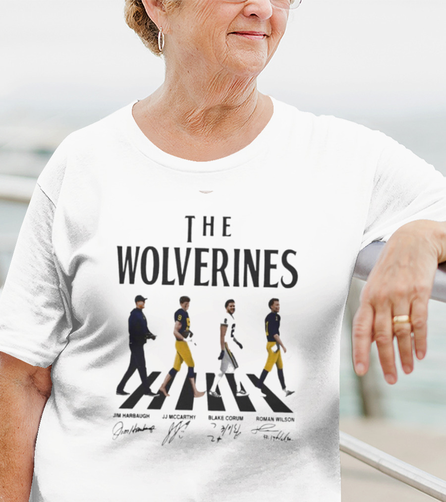 The Wolverines Abbey Road Walk With Signatures Jim Harbaugh J.J. McCarthy Blake Corum Roman Wilson T-Shirt