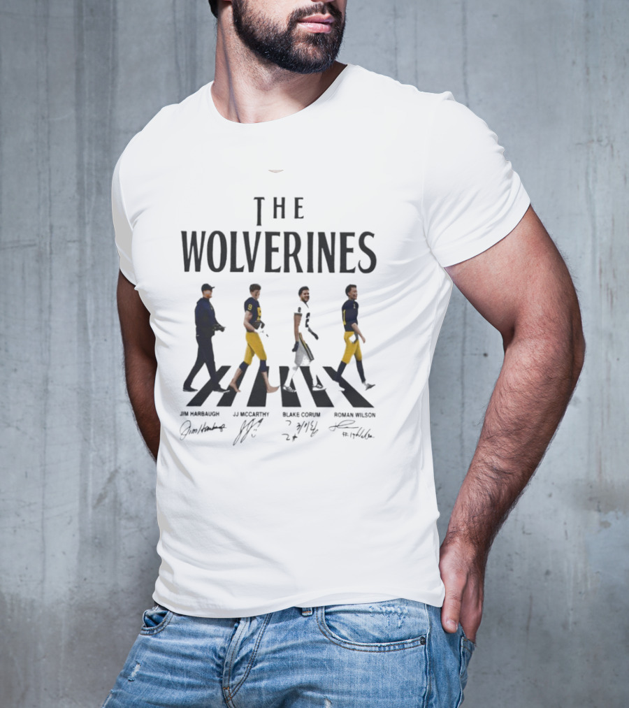 The Wolverines Abbey Road Walk With Signatures Jim Harbaugh J.J. McCarthy Blake Corum Roman Wilson T-Shirt