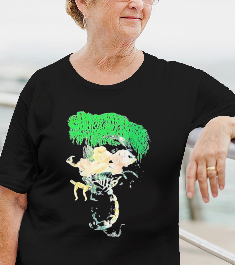 Sanguisugabogg Homicidal Ecstacy Abstract Green Dripping Text With Floral Skull And Spine T-Shirt
