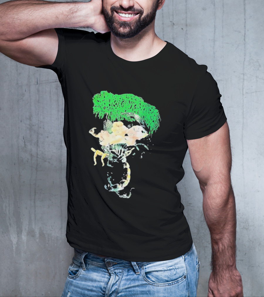 Sanguisugabogg Homicidal Ecstacy Abstract Green Dripping Text With Floral Skull And Spine T-Shirt