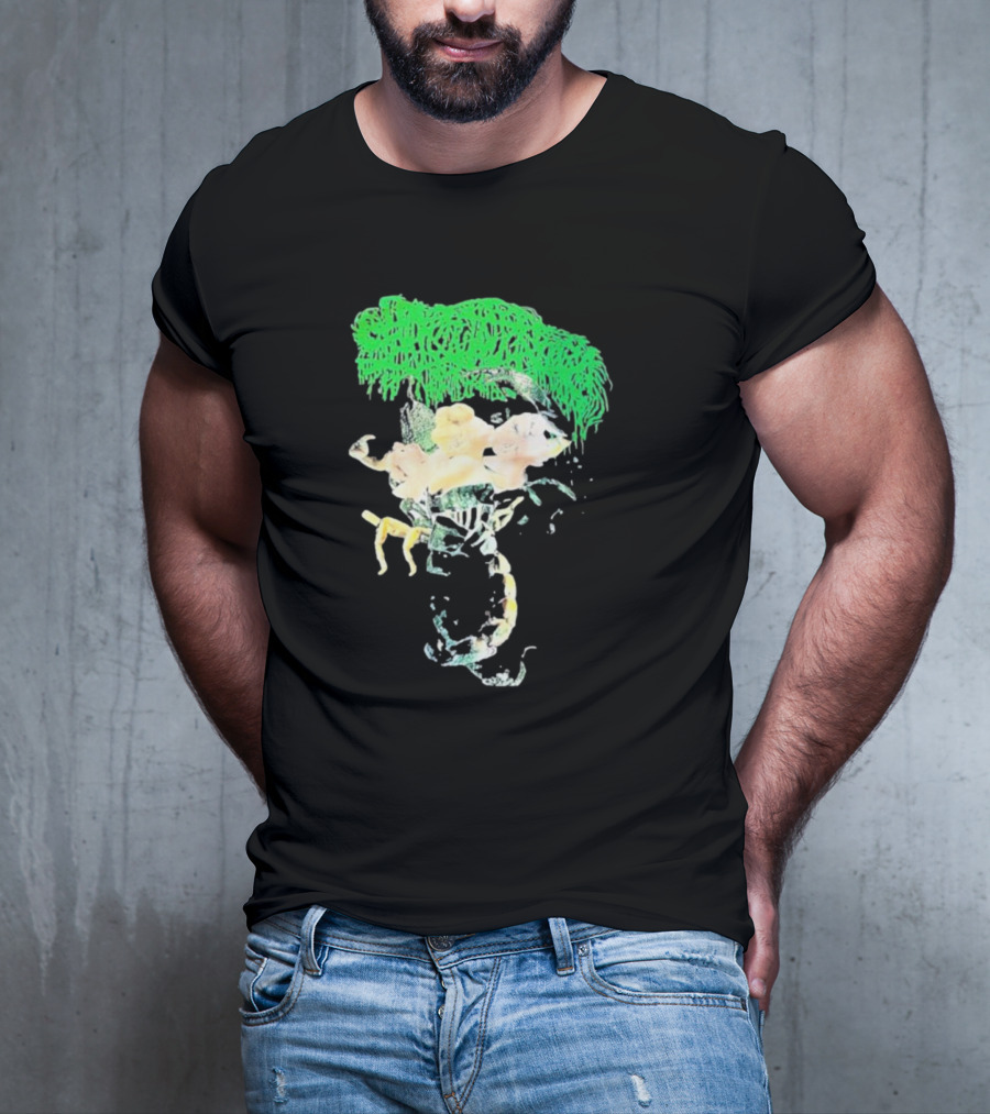 Sanguisugabogg Homicidal Ecstacy Abstract Green Dripping Text With Floral Skull And Spine T-Shirt