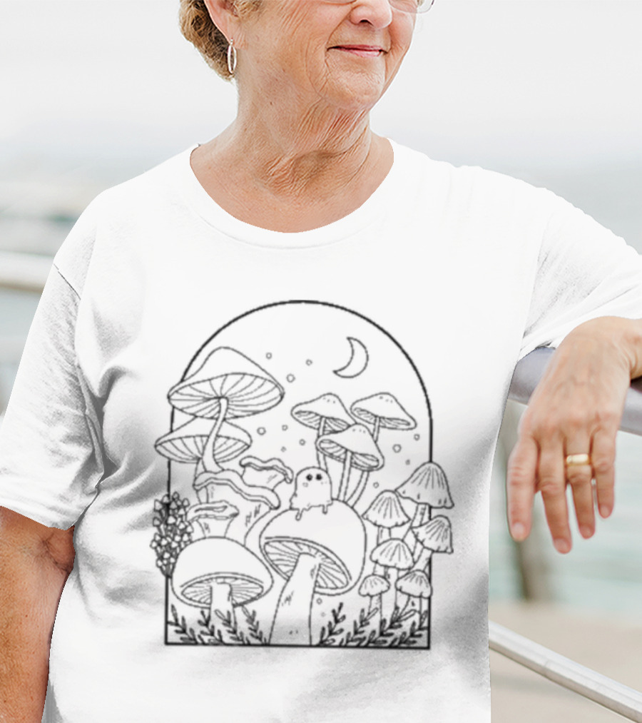 Slimecicle Mushroom Forest Night Scene With Crescent Moon And Cute Ghostly Creature T-Shirt