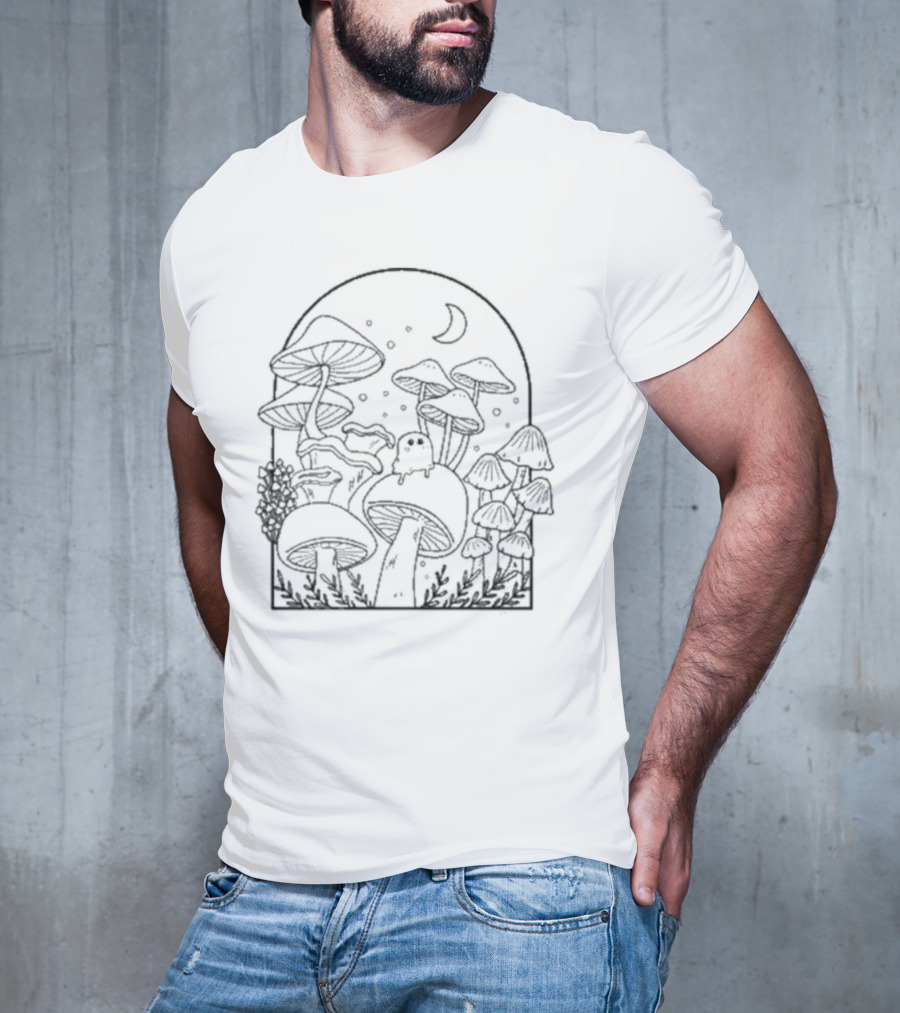 Slimecicle Mushroom Forest Night Scene With Crescent Moon And Cute Ghostly Creature T-Shirt