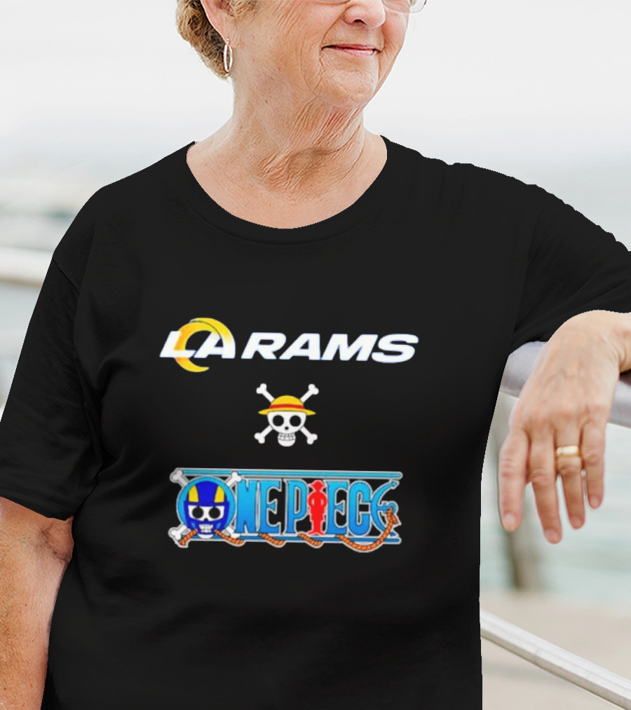 LA Rams One Piece Crossover Logo Skull Hat T-Shirt