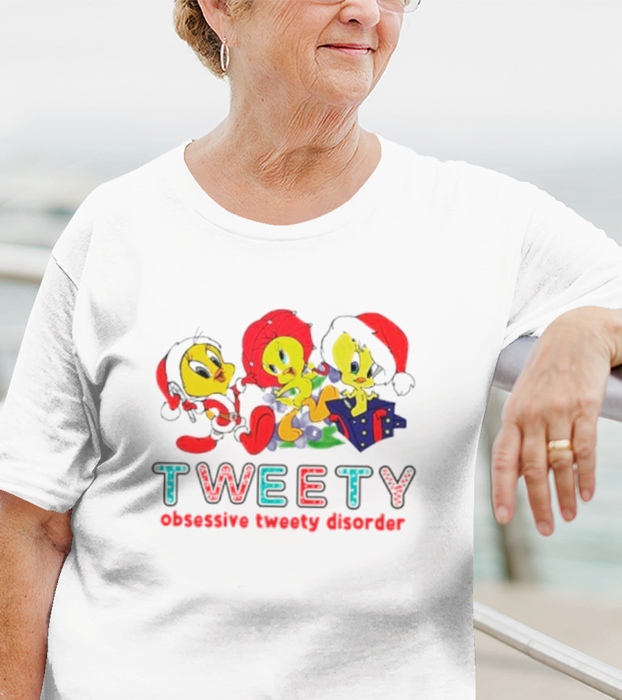 Tweety Obsessive Tweety Disorder With Christmas Hats And Gifts T-Shirt