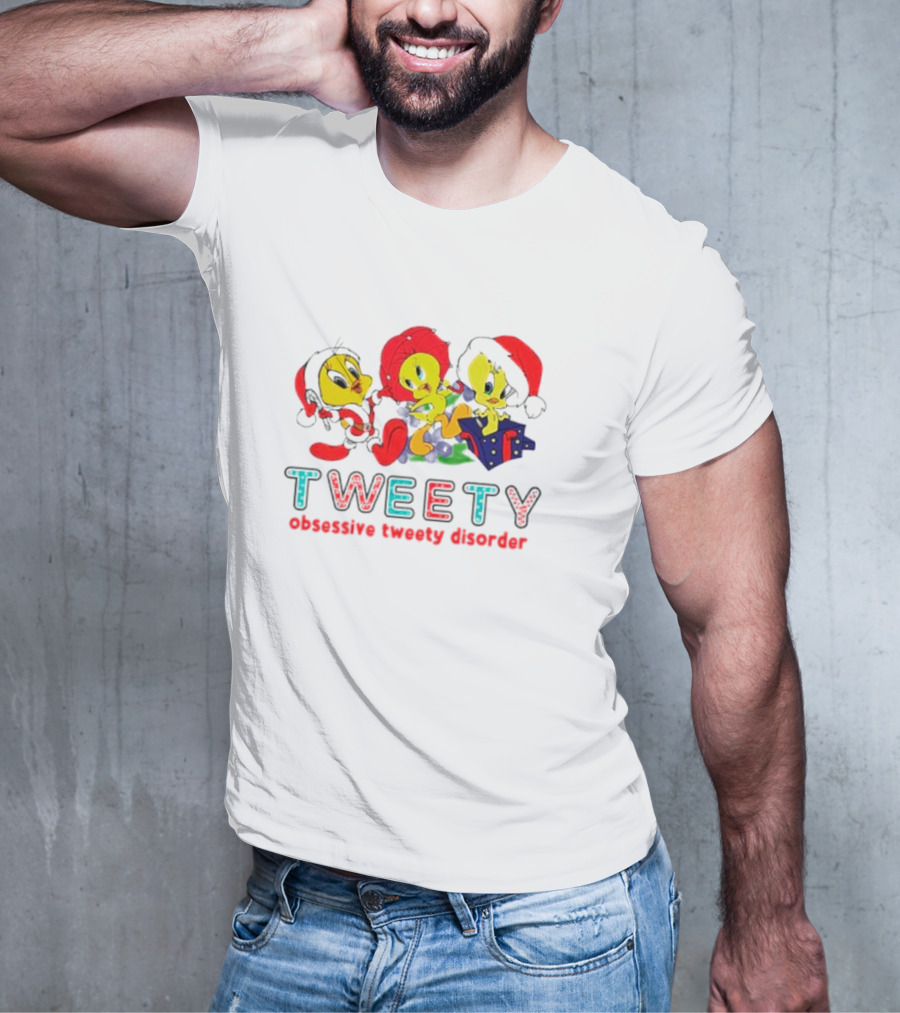 Tweety Obsessive Tweety Disorder With Christmas Hats And Gifts T-Shirt
