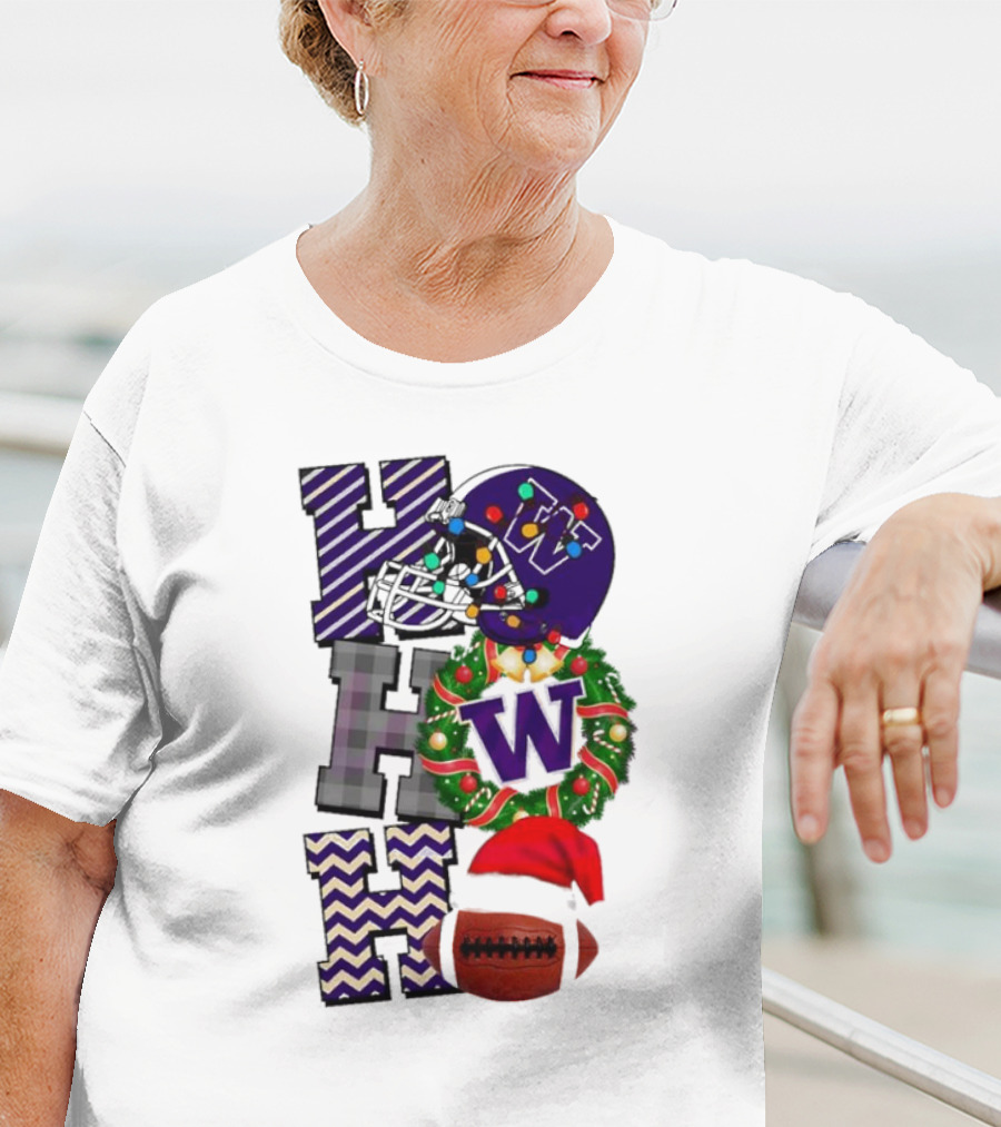 Washington Huskies Football Christmas Helmet Wreath Football Santa Hat Ho Ho Ho T-Shirt