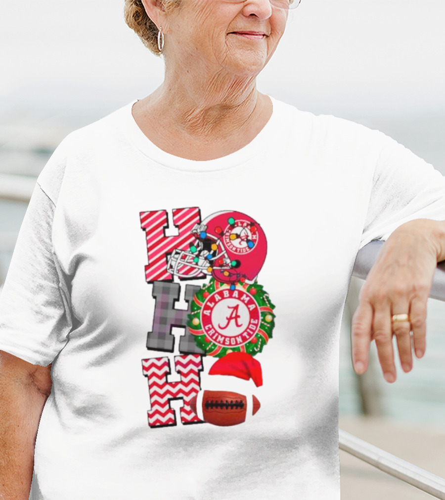Alabama Crimson Tide Football Christmas Ho Ho Ho Santa Hat Wreath Football Helmet T-Shirt